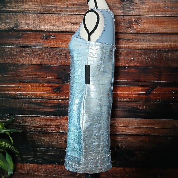 NWT Venus Bodycon Dress Size M Silver Blue Pearl Studded Stretch - Picture 7 of 12
